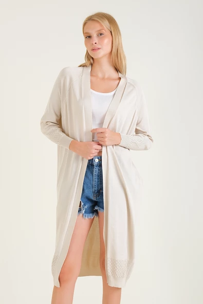 Kadın Kol Ve Etek Ucu Desenli Uzun Hırka Taş - 4