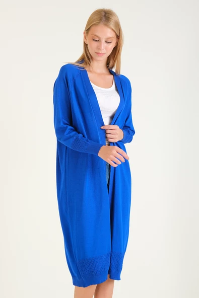 Kadın Kol Ve Etek Ucu Desenli Uzun Hırka Saks Mavi - 5