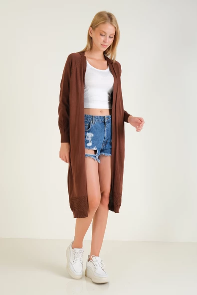 Kadın Kol Ve Etek Ucu Desenli Uzun Hırka Kahverengi - 3