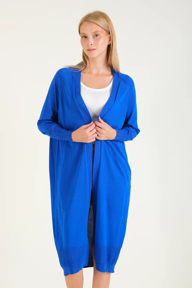 Kadın Kol Ve Etek Ucu Desenli Uzun Hırka Saks Mavi - 4