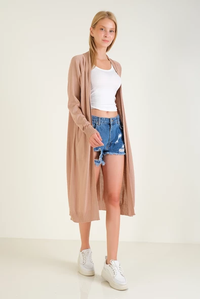 Kadın Oversize Cepli Uzun Hırka Vizon - 3