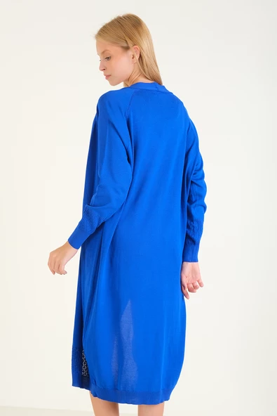 Kadın Kol Ve Etek Ucu Desenli Uzun Hırka Saks Mavi - 6