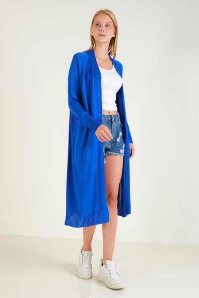 Kadın Oversize Cepli Uzun Hırka Saks Mavi