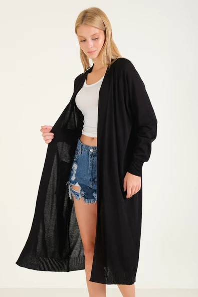 Kadın Oversize Cepli Uzun Hırka Siyah