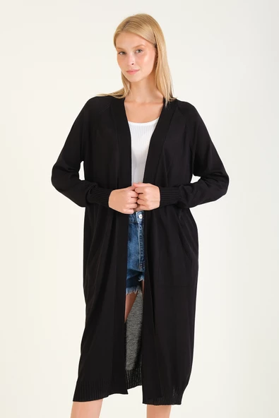 Kadın Oversize Cepli Uzun Hırka Siyah - 2