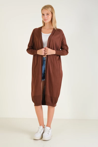 Kadın Kol Ve Etek Ucu Desenli Uzun Hırka Kahverengi - 4