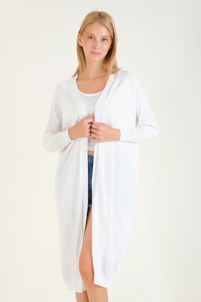 Kadın Kol Ve Etek Ucu Desenli Uzun Hırka Ekru - Resim 4