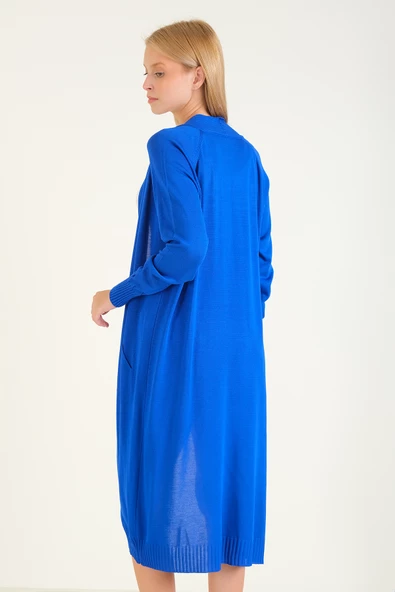 Kadın Oversize Cepli Uzun Hırka Saks Mavi - 6