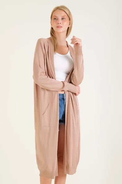 Kadın Oversize Cepli Uzun Hırka Vizon
