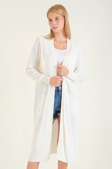 Kadın Oversize Cepli Uzun Hırka Ekru