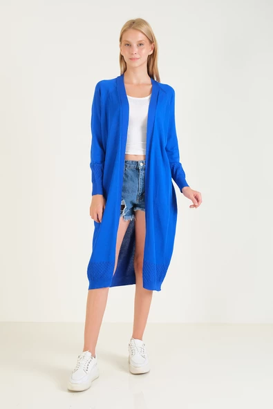 Kadın Kol Ve Etek Ucu Desenli Uzun Hırka Saks Mavi - 2