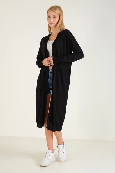 Kadın Oversize Cepli Uzun Hırka Siyah - 5