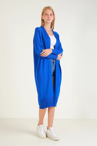 Kadın Kol Ve Etek Ucu Desenli Uzun Hırka Saks Mavi - 3