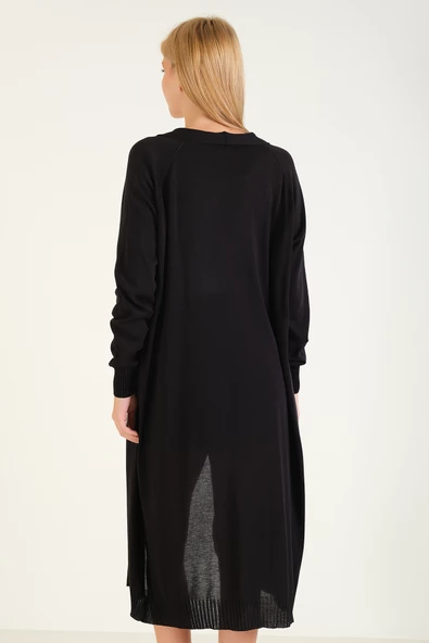 Kadın Oversize Cepli Uzun Hırka Siyah - 6