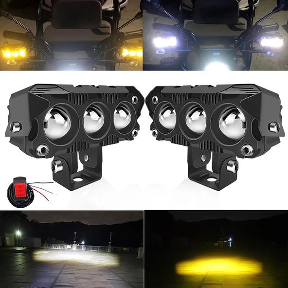 Led Spot Işık ve Sarı Beyaz Projektör Lens 3 Gözlü Dikdörtgen Baykuş Led Off Road Lamba Motosiklet ve İş Makinesi Projektörü 12V-85V - 4