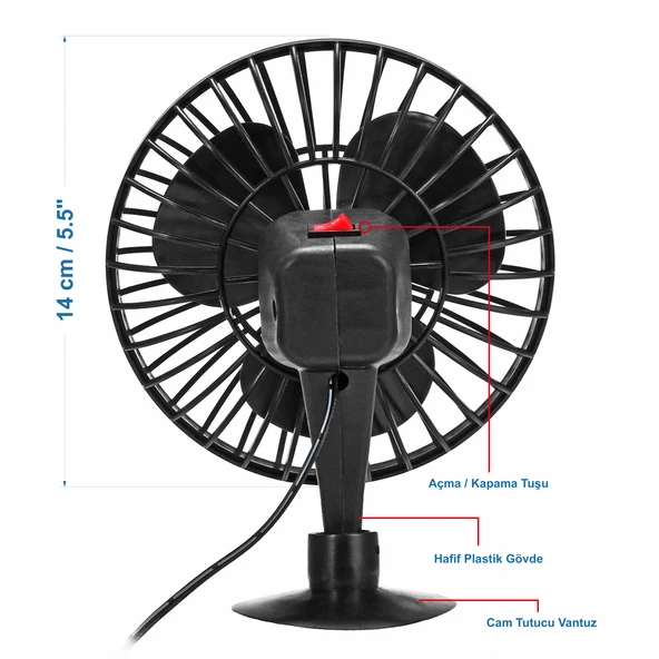 Mega Oto Market Araç İçi 12V Vantuzlu 5.5" 14 cm Mini Fan Vantilatör Pervane Çakmaklık Girişli Tüm Araçlarla Uyumlu - 5