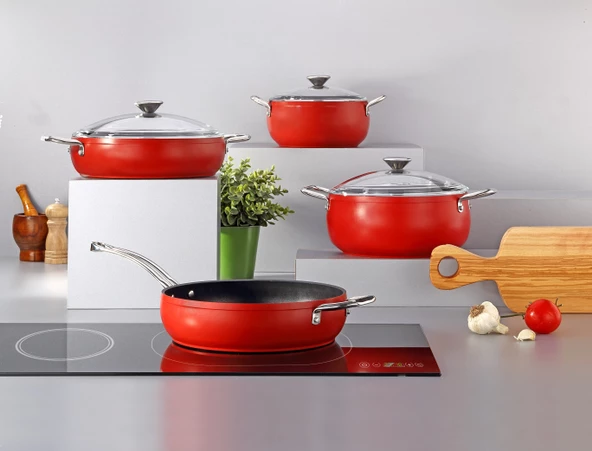 BONERA PRO PLUS 7 PARÇA İNDÜKSİYON TABANLI KIRMIZI & TİTANYUM SET - 2