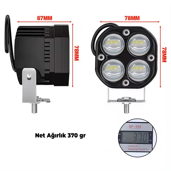 Led Spot Işık ve Beyaz Projektör Lens Kare Dört Gözlü Led Off Road Lamba Motosiklet ve İş Makinesi Projektörü 12V-85V - 4