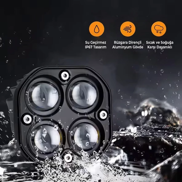 Led Spot Işık ve Beyaz Projektör Lens Kare Dört Gözlü Led Off Road Lamba Motosiklet ve İş Makinesi Projektörü 12V-85V - 11