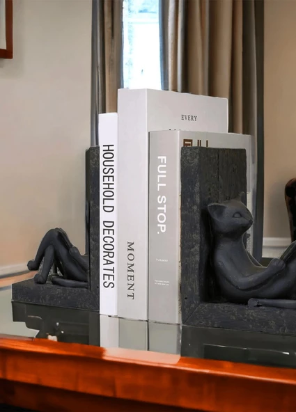 Kitap Okuyan Kedi Kitap Tutucu Biblo Siyah (2 Adet) - 4