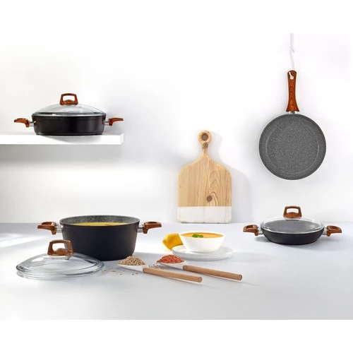 Bonera Vogue 26cm Ahşap Kulp Detaylı Granit Tekli Derin Tencere - 3