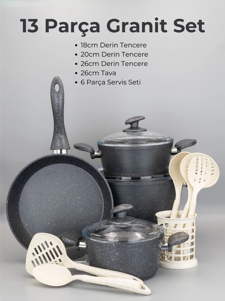 Bonera 13 Parça Granit Set - 18-20-26cm Tencere + 26 Tava + 6 Parça Kaşık Set