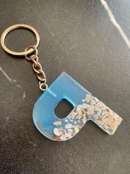 P Harfi Mavi Renk Deniz Kabuklu Gümüş Aksesuarlı Epoksi Anahtarlık El Yapımı Hediyelik - Resim 2