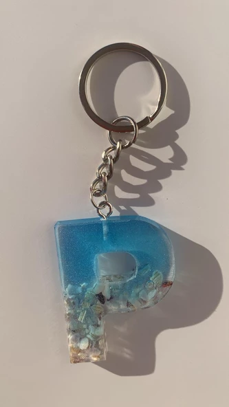 P Harfi Mavi Renk Deniz Kabuklu Gümüş Aksesuarlı Epoksi Anahtarlık El Yapımı Hediyelik - Resim 5