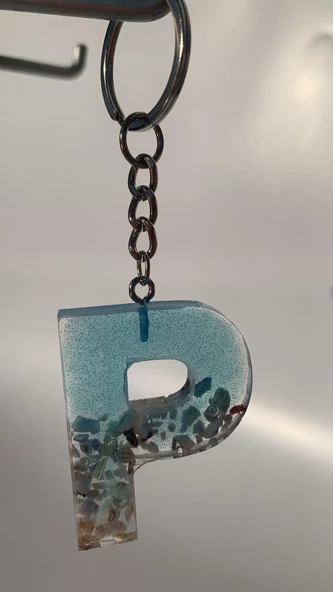 P Harfi Mavi Renk Deniz Kabuklu Gümüş Aksesuarlı Epoksi Anahtarlık El Yapımı Hediyelik - Resim 3
