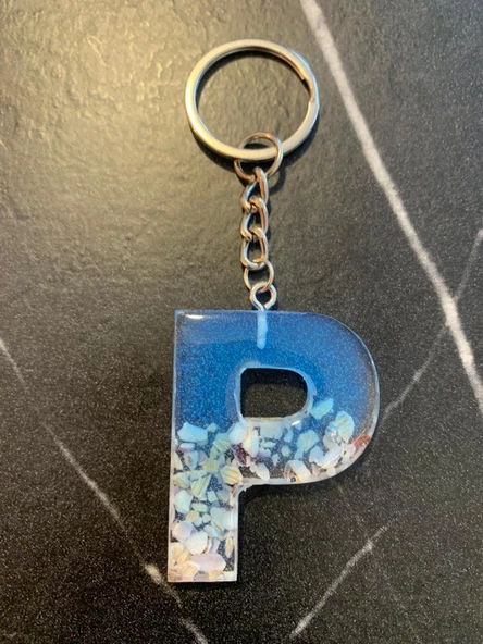 P Harfi Mavi Renk Deniz Kabuklu Gümüş Aksesuarlı Epoksi Anahtarlık El Yapımı Hediyelik - Resim 6