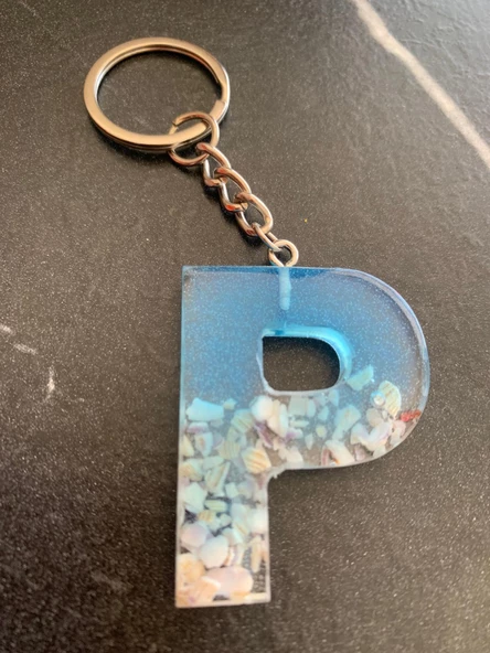 P Harfi Mavi Renk Deniz Kabuklu Gümüş Aksesuarlı Epoksi Anahtarlık El Yapımı Hediyelik - Resim 8
