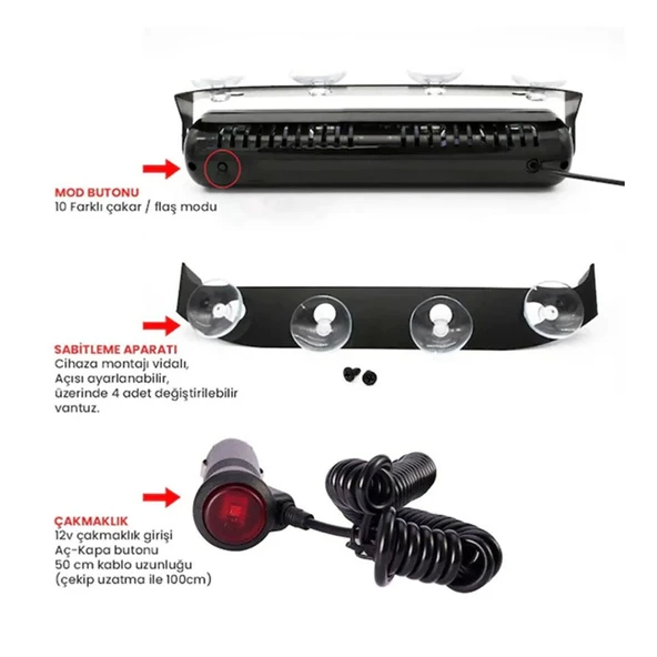 Oto Cam Içi 6 Ledli Escort Lamba Led Çakar Lambası Vantuzlu - 4