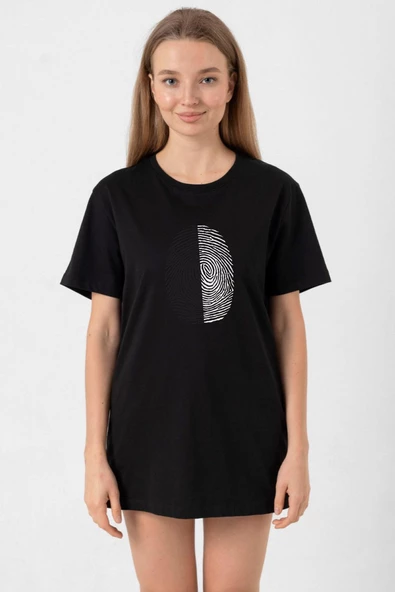 Siyah Beyaz Parmak İzi Siyah Kadın Oversize Tshirt