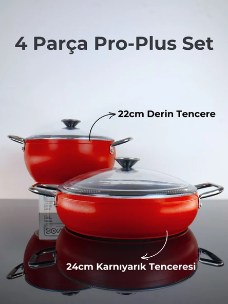 Bonera Pro Plus 4 Parça Titanyum Tencere Seti - Kırmızı