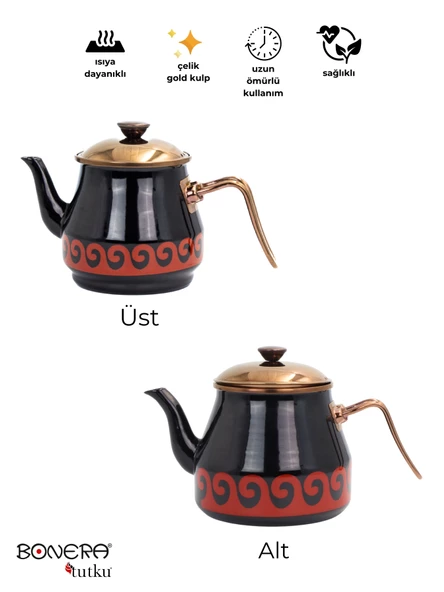 Bonera Academia Dekorlu, Gold Kulp Siyah Emaye Çaydanlık Seti - 5