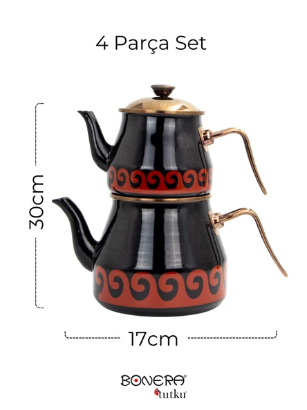 Bonera Academia Dekorlu, Gold Kulp Siyah Emaye Çaydanlık Seti - 2