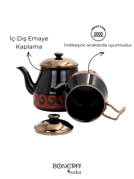 Bonera Academia Dekorlu, Gold Kulp Siyah Emaye Çaydanlık Seti - 4