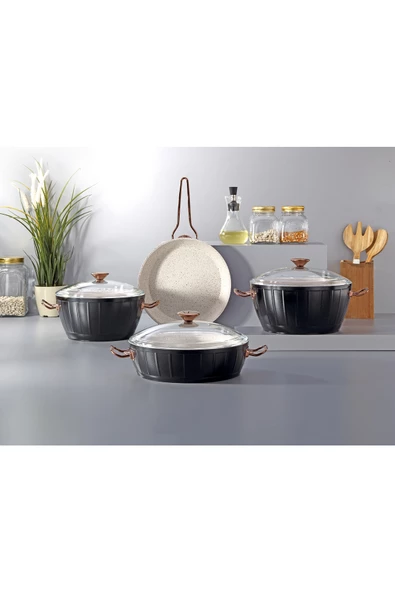 Bonera Florenza 7 Parça Dışı Siyah & İçi Beyaz Rose Gold Kulp Detaylı Tencere & Tava Seti - 5