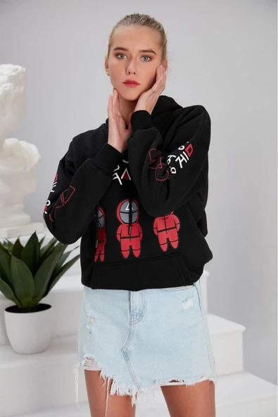 Squid Game Siyah Kadın 3ip Kapşonlu - Resim 5