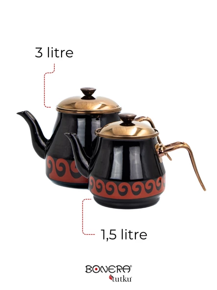 Bonera Academia Dekorlu, Gold Kulp Siyah Emaye Çaydanlık Seti - 3