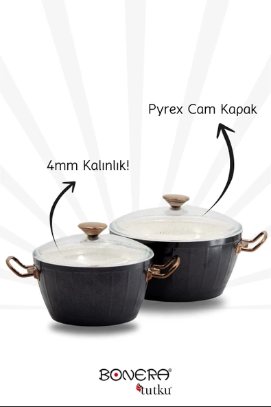 Bonera Florenza 7 Parça Dışı Siyah & İçi Beyaz Rose Gold Kulp Detaylı Tencere & Tava Seti - 3