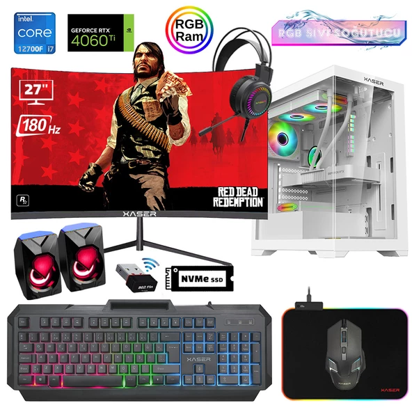 Xaser Xsr910 i7 12700F 32GB Ram 1TB M.2 NVMe SSD 8GB RTX4060Ti 27"Curved 180Hz Sıvı Soğutma Oyun Bilgisayarı - 1