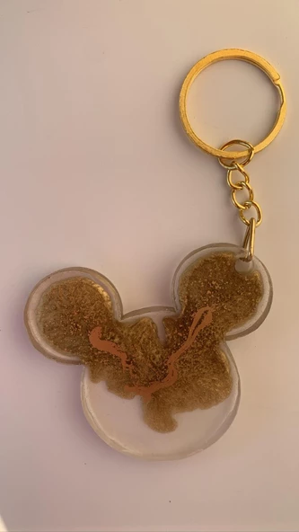 Şeffaf Epoksi İçinde Gold Süslemeli Gold Aksesuarlı Mickey Mouse Şekil Anahtarlık El Yapımı Hediyelik ürün görseli