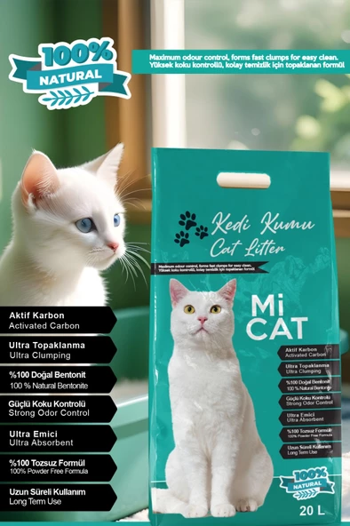 Mi Cat 20 Litre Aktif Karbonlu Kokusuz Doğal Bentonit Kedi Kumu Süper Topaklanan Ve Tozsuz - 2