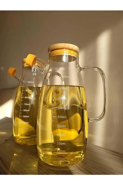 Trenddeyiz Bambu Kapaklı Damlatmayan 1000 ml Borosilikat Cam Yağlık Sirke Zeytinyağı Masterchef Yağdanlık 1 LT