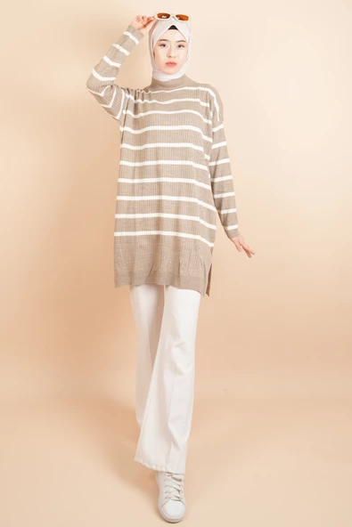 Kendinden Fitilli Yan Çizgili Tunik Kazak Bej - 2