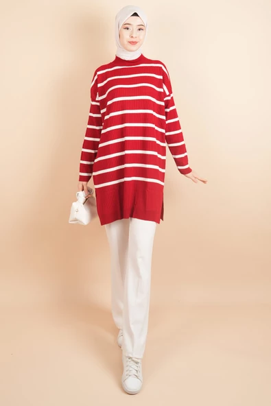 Kendinden Fitilli Yan Çizgili Tunik Kazak Kırmızı - 2
