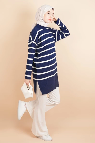 Kendinden Fitilli Yan Çizgili Tunik Kazak Lacivert - 3
