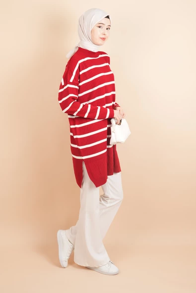 Kendinden Fitilli Yan Çizgili Tunik Kazak Kırmızı - 3