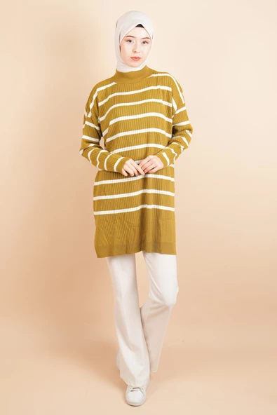 Kendinden Fitilli Yan Çizgili Tunik Kazak Yağ Yeşili - 2